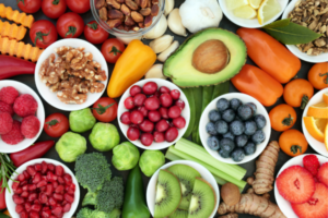 Balanced diet with fruits, vegetables, and lean proteins