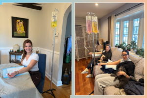 IV therapy treatment for fibromyalgia with vitamins and minerals being administered. Side-by-side image of two different women receiving IV therapy treatment.