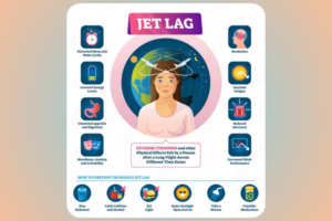 Infographic of common jet lag symptoms like fatigue, insomnia, headache, and irritability