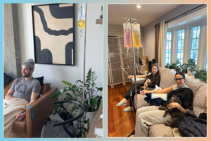 Men and women receiving IV therapy at home, illustrating the convenience and health benefits of magnesium chloride IV treatments.