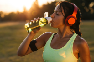 Athlete drinking an electrolyte beverage to stay hydrated and prevent dehydration.