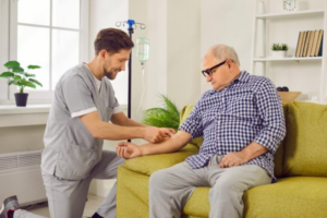 Elderly man receiving IV therapy for pain management