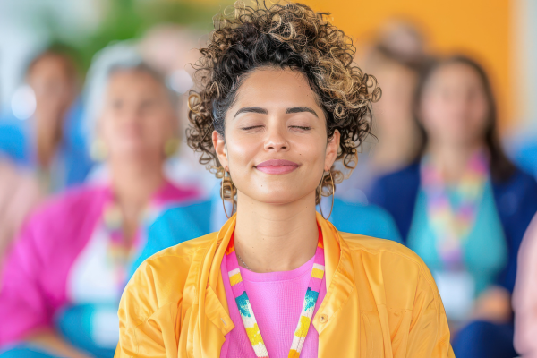 A woman smiling peacefully, representing mental clarity from IV therapy.