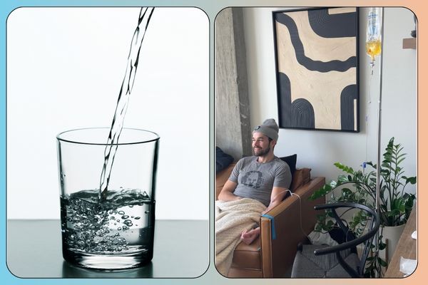 A glass of water and a man receiving IV therapy, comparing hydration methods.