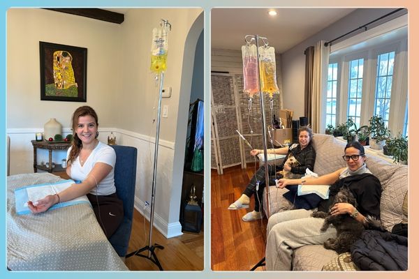 A woman and a group receiving IV therapy at home for hydration.